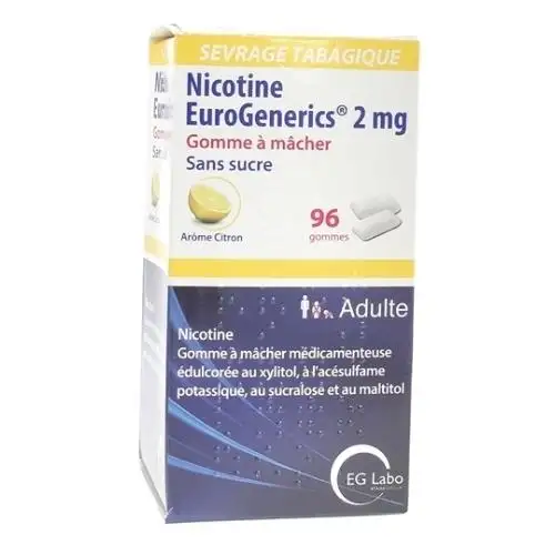 Nicotine EuroGenerics 2 mg 96 Gommes à Mâcher Citron Sans Sucre EG Labo