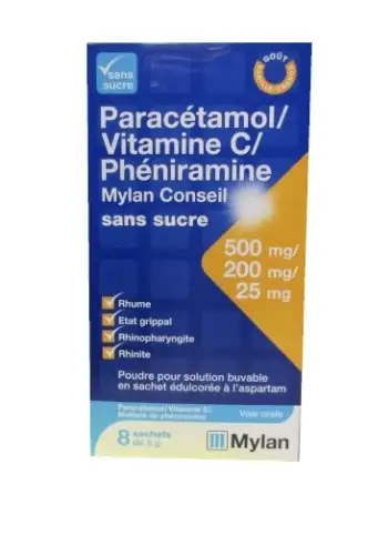 Paracétamol/Vitamine C/Phéniramine MYLAN sans sucre - 8 sachets (générique FERVEX)