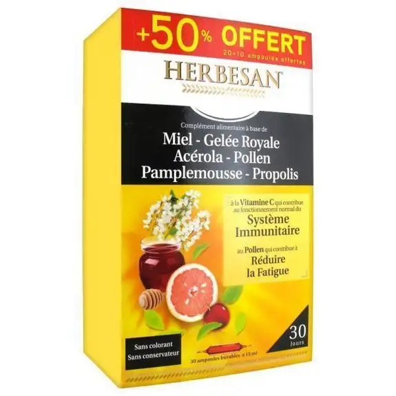 Herbesan Miel Gelée Royale Acérola Pollen Pamplem Propolis 20 Amp + 10 Offertes