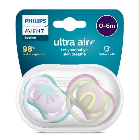 Avent Ultra Air Lot de 2 sucettes silicone bébés de 0 à 6 mois