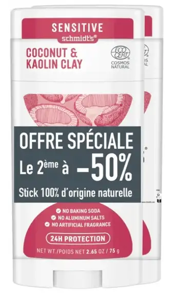 Schmidt's Déodorant Noix de coco et Argile Kaolin - Lot de 2x75g