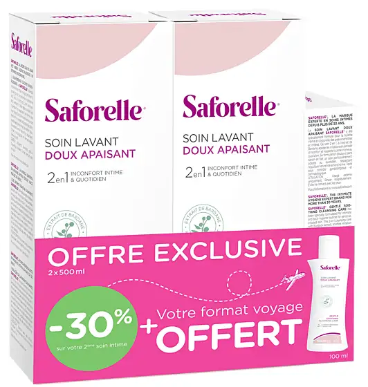 Saforelle Soin Lavant Doux Lot de 2 x 500 ml et un soin lavant 100ml