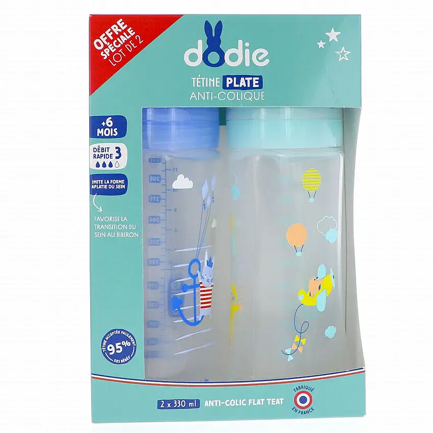 DODIE Biberon anti-colique tétine plate duo bleu/vert